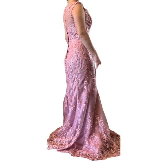 Long Dusty Rose Formal, Evening Gown, Mermaid fit with Tooling, lace & sequins - Picture 7 of 17